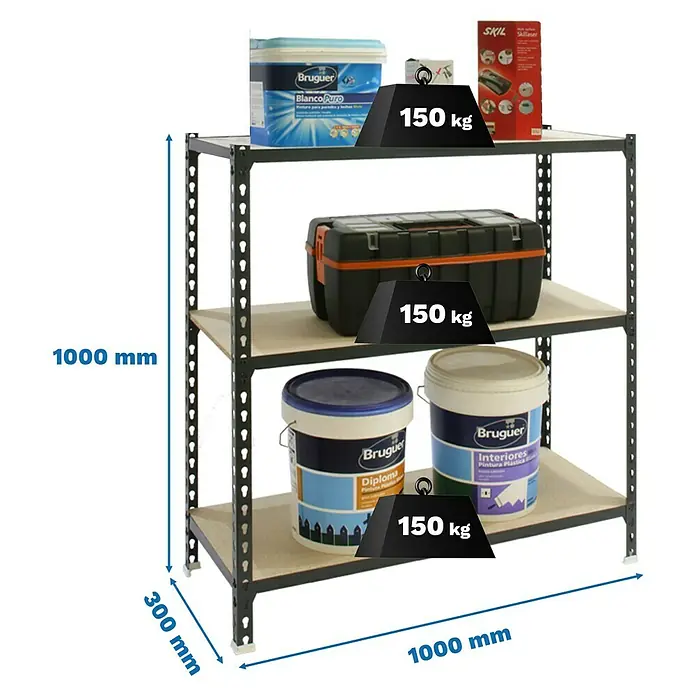 Simonrack Maderclick Metallregal Maderclick Plus - H x B x T: 100 x 100 x 30 cm, Traglast pro Boden: 150 kg, Anzahl Böden: 3 Stk., Stecken, Anthrazitgrau - Schwarzes Metallregal mit 3 Holzablagen, 1000 mm breit, 300 mm tief, 1000 mm hoch, 150 kg Traglast pro Ablage.