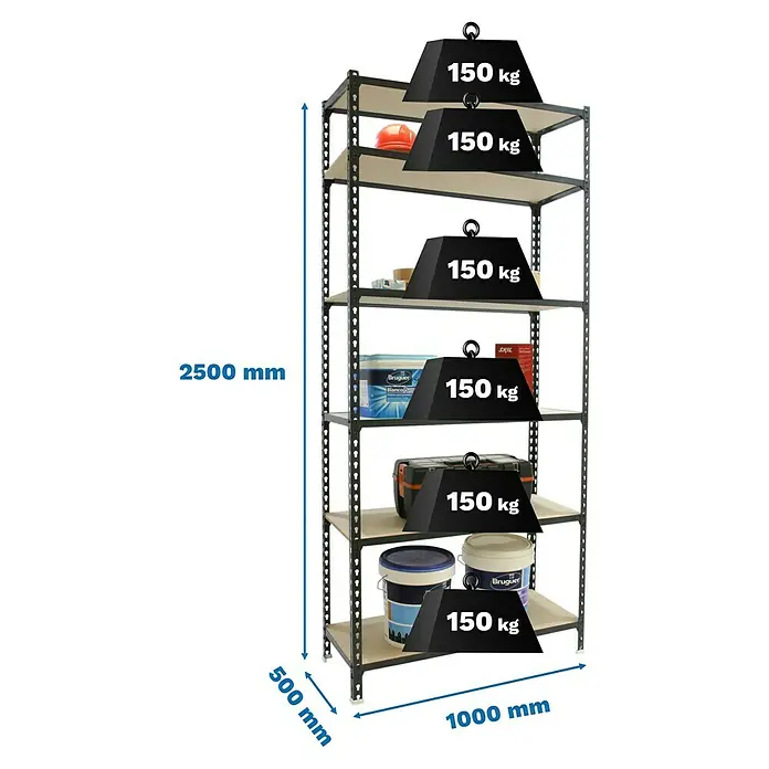 Simonrack Maderclick Metallregal Maderclick Plus - H x B x T: 250 x 100 x 50 cm, Traglast pro Boden: 150 kg, Anzahl Böden: 6 Stk., Stecken, Anthrazitgrau - Graues Metallregal mit 6 Holzablagen, 2500x1000x500mm. Jede Ablage trägt 150 kg.