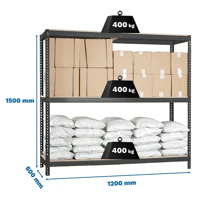 Simonrack Ecoforte Estantería para cargas pesadas Chipboard - Al x An x Pr: 150 x 120 x 60 cm, Capacidad de carga por balda: 400 kg, Número de baldas: 3 ud., Inserción, Antracita/Madera - Estantería metálica gris oscuro con tres estantes cargados, cada uno con 400 kg de capacidad. Medidas: 1500x1200x600 mm.