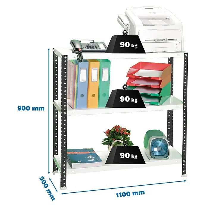 Simonrack Simonclassic Estantería metálica Comfort Superplus - Al x An x Pr: 90 x 110 x 50 cm, Capacidad de carga por balda: 90 kg, Número de baldas: 3 ud., Atornillado, Antracita/Blanco - Estantería metálica blanca con montantes negros, 3 baldas, 900x1100x500mm, 90kg carga/balda.