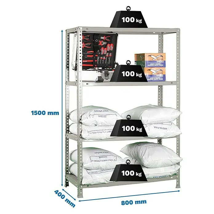 Simonrack Simonclassic Estantería metálica Comfort Mini - Al x An x Pr: 150 x 80 x 40 cm, Capacidad de carga por balda: 100 kg, Número de baldas: 4 ud., Atornillado, Gris - Estantería metálica de cuatro baldas, 1500x800x400mm, 100 kg de capacidad por balda, cargada.