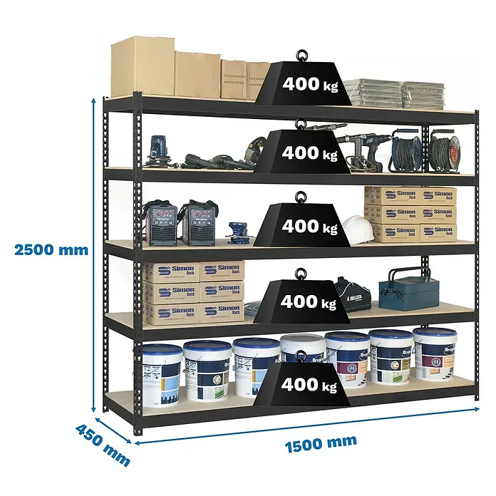 Simonrack Ecoforte Estantería para cargas pesadas Chipboard - Al x An x Pr: 250 x 150 x 45 cm, Capacidad de carga por balda: 400 kg, Número de baldas: 5 ud., Inserción, Antracita/Madera - Estantería metálica negra con baldas de madera, 2500x1500x450mm, capacidad de carga de 400 kg por balda.