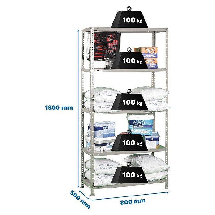 Simonrack Simonclassic Estantería metálica Comfort Mini (Al x An x Pr: 180 x 80 x 50 cm, Capacidad de carga por balda: 100 kg, Número de baldas: 5 ud., Atornillado, Gris) | BAUHAUS