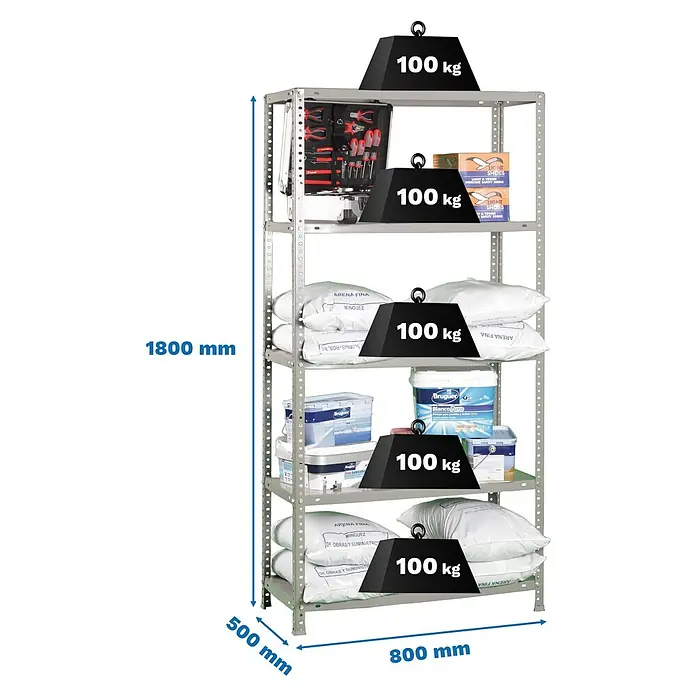 Simonrack Simonclassic Estantería metálica Comfort Mini - Al x An x Pr: 180 x 80 x 50 cm, Capacidad de carga por balda: 100 kg, Número de baldas: 5 ud., Atornillado, Gris - Estantería metálica gris de 5 baldas (1800x800x500mm) con capacidad de carga de 100 kg por balda.