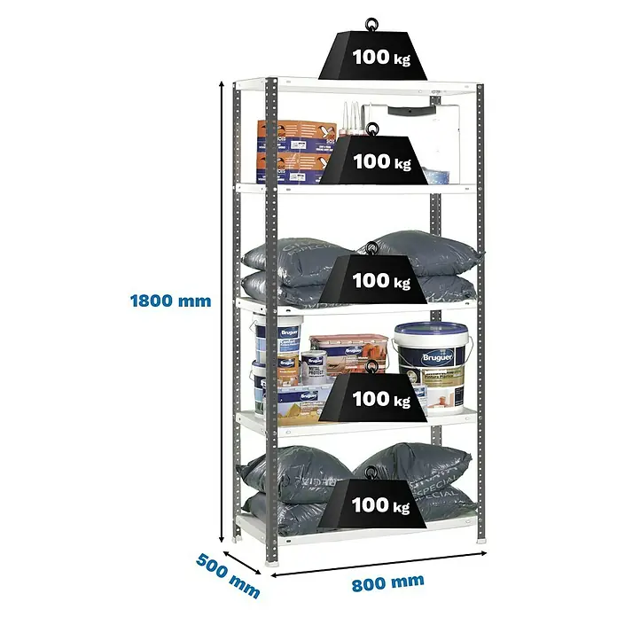 Simonrack Simonclassic Estantería metálica Comfort Mini - Al x An x Pr: 180 x 80 x 50 cm, Capacidad de carga por balda: 100 kg, Número de baldas: 5 ud., Atornillado, Antracita/Blanco - Estantería metálica gris, 1800x800x500mm, con 5 baldas, cada una soporta 100kg.