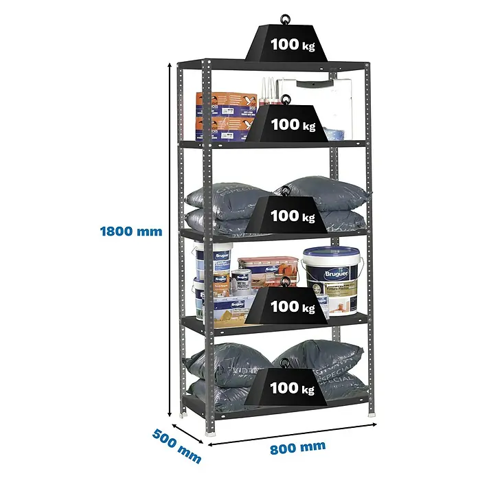 Simonrack Simonclassic Estantería metálica Comfort Mini - Al x An x Pr: 180 x 80 x 50 cm, Capacidad de carga por balda: 100 kg, Número de baldas: 5 ud., Atornillado, Antracita - Estantería metálica gris oscuro, 1800x800x500mm, con 5 baldas, cada una soporta 100kg.