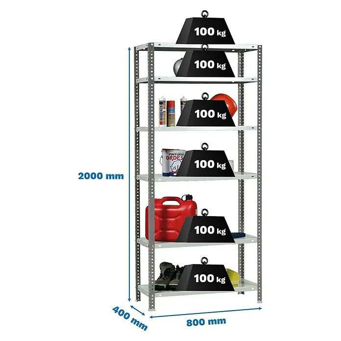 Simonrack Simonclassic Estantería metálica Comfort Mini - Al x An x Pr: 200 x 80 x 40 cm, Capacidad de carga por balda: 100 kg, Número de baldas: 6 ud., Atornillado, Antracita/Blanco - Estantería metálica gris de seis baldas, cada una con capacidad de 100 kg. Medidas: 2000x800x400 mm.