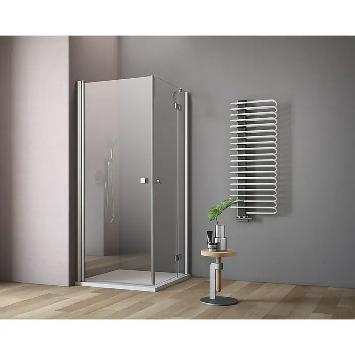 GEO Hit Eckdusche B-E200 - L x B x H: 100 x 80 x 202,2 cm, Beschichtet, Silber, Glasstärke: 6 mm - Abgebildet ist eine moderne Duschkabine mit klaren Linien und Glastüren, die ein elegantes Badezimmerdesign unterstreicht.