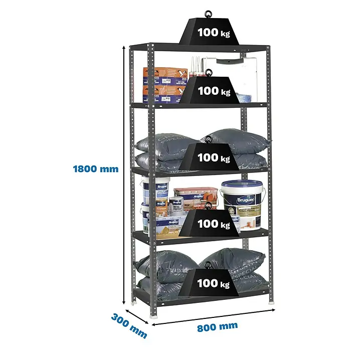 Simonrack Simonclassic Estantería metálica Comfort Mini - Al x An x Pr: 180 x 80 x 30 cm, Capacidad de carga por balda: 100 kg, Número de baldas: 5 ud., Atornillado, Antracita - Estantería metálica gris oscuro con 5 baldas, 1800x800x300mm. Cada balda soporta 100kg, demostrando su alta capacidad de carga.