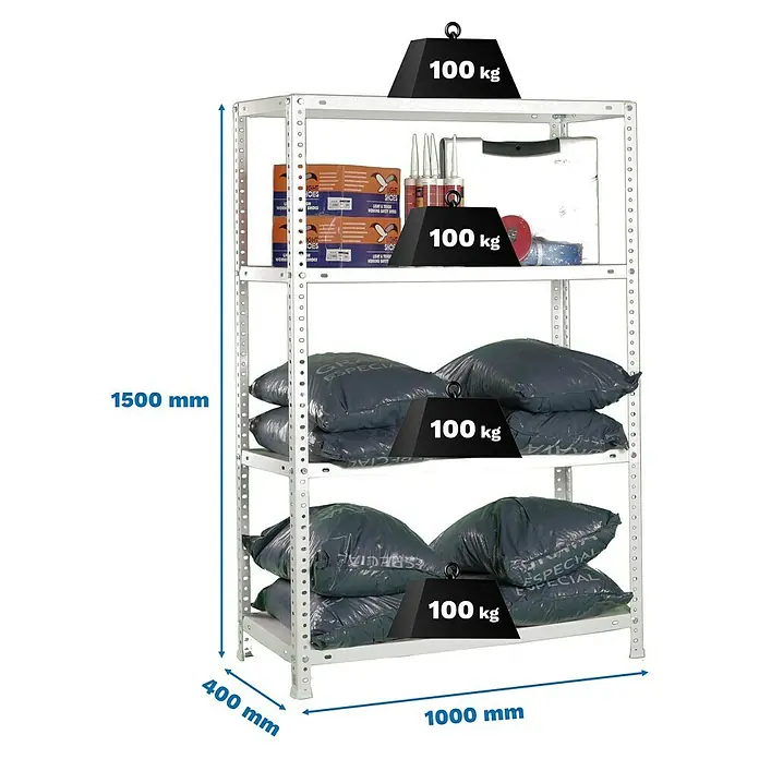 Simonrack Simonclassic Estantería metálica Comfort Plus - Al x An x Pr: 150 x 100 x 40 cm, Capacidad de carga por balda: 100 kg, Número de baldas: 4 ud., Atornillado, Blanco - Estantería metálica blanca de 4 niveles, 1500x1000x400 mm, con capacidad de 100 kg por balda, cargada con varios artículos.