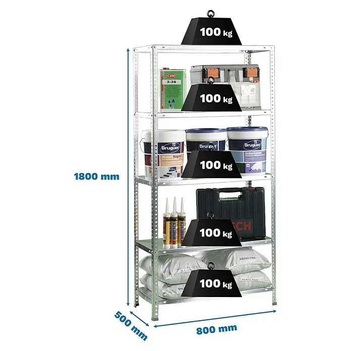 Simonrack Simonclassic Estantería metálica Comfort Mini - Al x An x Pr: 180 x 80 x 50 cm, Capacidad de carga por balda: 100 kg, Número de baldas: 5 ud., Atornillado, Galvanizado - Estantería metálica gris con cinco baldas, 1800x800x500 mm (AlxAnxP), cada balda soporta 100 kg.