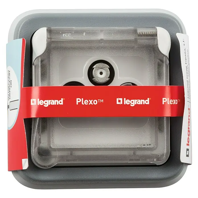 Legrand Plexo Pieza insertada para caja de antena - x 1, Plástico, Gris - Primer plano de una toma de antena Legrand Plexo™ con cubierta transparente y una banda roja que muestra el logotipo de Legrand.