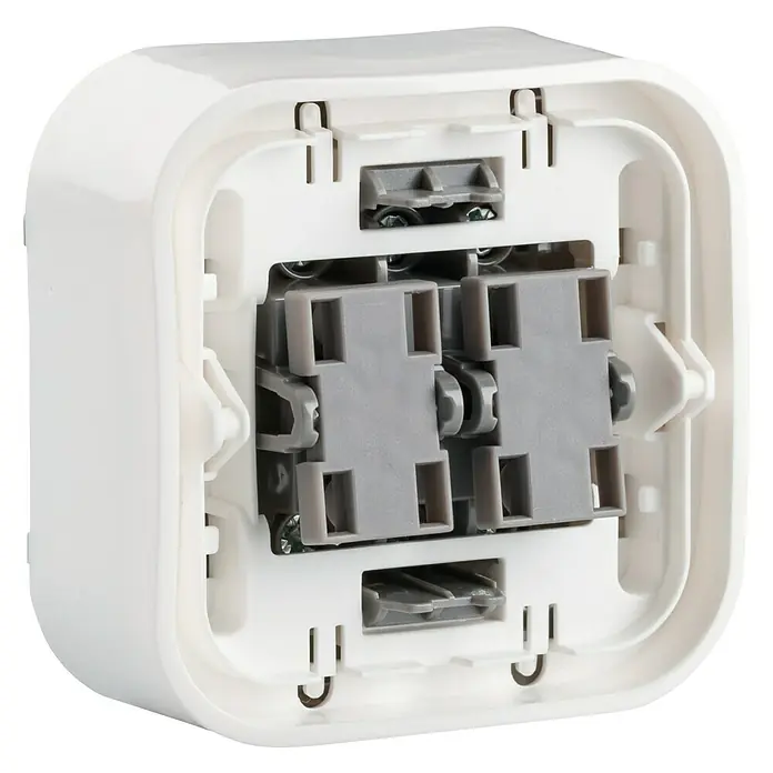 Legrand Forix Conmutador doble - Blanco, Montaje en la pared - Vista interior de un interruptor empotrado cuadrado blanco con elementos de conmutación grises y detalles de fijación. Ideal para instalaciones eléctricas modernas.