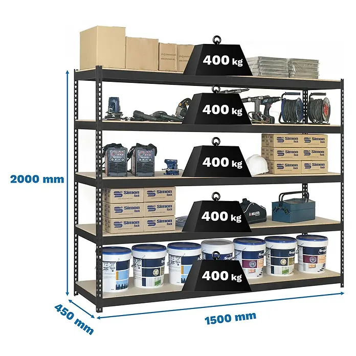 Simonrack Ecoforte Estantería para cargas pesadas Chipboard - Al x An x Pr: 200 x 150 x 45 cm, Capacidad de carga por balda: 400 kg, Número de baldas: 5 ud., Inserción, Antracita/Madera - Estantería metálica negra con 5 baldas de madera. Medidas 2000x1500x450 mm, cada balda soporta 400 kg.