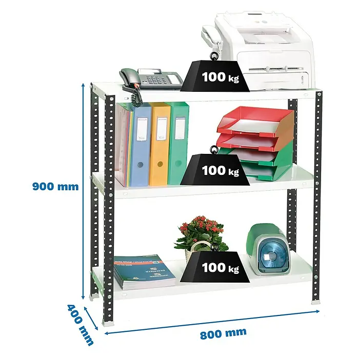 Simonrack Simonclassic Estantería metálica Comfort Mini - Al x An x Pr: 90 x 80 x 40 cm, Capacidad de carga por balda: 100 kg, Número de baldas: 3 ud., Atornillado, Antracita/Blanco - Estantería metálica blanca con montantes negros (900x800x400mm), 3 baldas, 100kg de carga por balda.