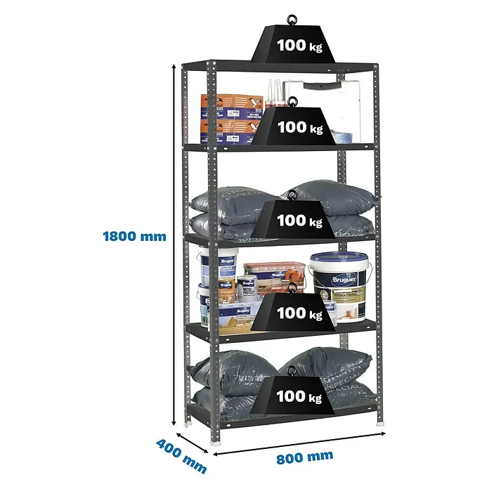 Simonrack Simonclassic Estantería metálica Comfort Mini - Al x An x Pr: 180 x 80 x 40 cm, Capacidad de carga por balda: 100 kg, Número de baldas: 5 ud., Atornillado, Antracita - Estantería metálica gris de 5 baldas, cada una soporta 100 kg. Medidas: 1800x800x400 mm (AlxAnxP).