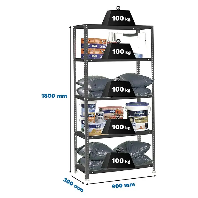 Simonrack Simonclassic Estantería metálica Comfort - Al x An x Pr: 180 x 90 x 30 cm, Capacidad de carga por balda: 100 kg, Número de baldas: 5 ud., Atornillado, Antracita - Estantería metálica negra con 5 baldas, 1800x900x300mm, cargada con 500kg en total, mostrando su gran capacidad de almacenamiento.