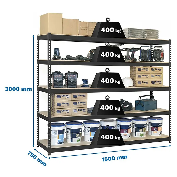 Simonrack Ecoforte Estantería para cargas pesadas Chipboard - Al x An x Pr: 300 x 150 x 75 cm, Capacidad de carga por balda: 400 kg, Número de baldas: 5 ud., Inserción, Antracita/Madera - Estantería metálica negra con 5 baldas de madera. Mide 3000x1500x750mm, cada balda soporta 400kg.