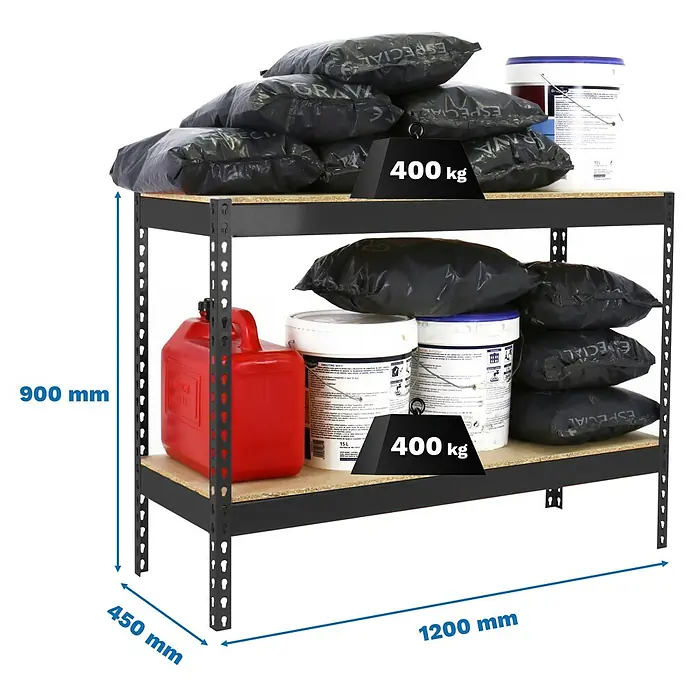 Simonrack Ecoforte Estantería para cargas pesadas Chipboard - Al x An x Pr: 90 x 120 x 45 cm, Capacidad de carga por balda: 400 kg, Número de baldas: 2 ud., Inserción, Antracita/Madera - Estantería metálica negra con 3 baldas de madera. Medidas: 900x1200x450 mm. Cada balda soporta 400 kg.