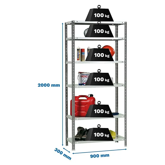 Simonrack Simonclassic Estantería metálica Comfort - Al x An x Pr: 200 x 90 x 30 cm, Capacidad de carga por balda: 100 kg, Número de baldas: 3 ud., Atornillado, Antracita/Blanco - Estantería metálica gris con 6 baldas, 2000x900x300 mm, 100 kg de carga por balda.