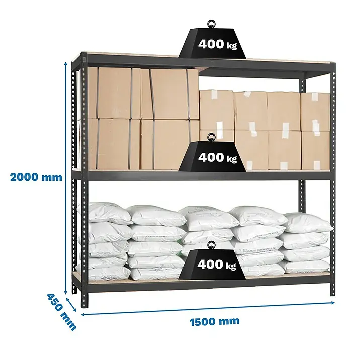 Simonrack Ecoforte Estantería para cargas pesadas Chipboard - Al x An x Pr: 200 x 150 x 45 cm, Capacidad de carga por balda: 400 kg, Número de baldas: 3 ud., Inserción, Antracita/Madera - Estantería metálica gris oscuro, 2000x1500x450mm, tres baldas con cajas/sacos, capacidad 400kg por balda.