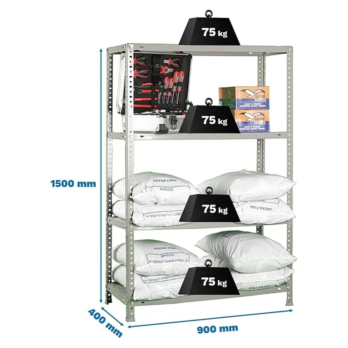Simonrack Simonclassic Estantería metálica Advantage - Al x An x Pr: 150 x 90 x 40 cm, Capacidad de carga por balda: 75 kg, Número de baldas: 4 ud., Atornillado, Gris - Estantería metálica gris, 1500x900x400mm (AlxAnxProf), 4 estantes, 75 kg de capacidad por estante.