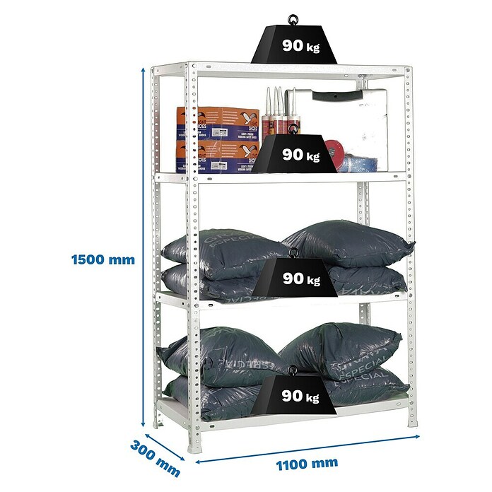 Simonrack Simonclassic Estantería metálica Comfort Superplus (Al x An x Pr: 150 x 110 x 30 cm, Capacidad de carga por balda: 90 kg, Número de baldas: 4 ud., Atornillado, Blanco) | BAUHAUS