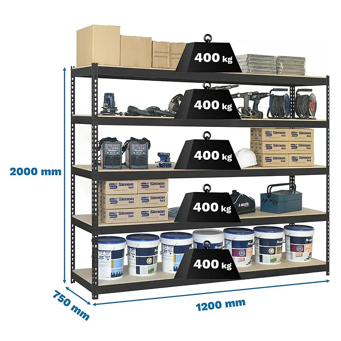 Simonrack Ecoforte Estantería para cargas pesadas Chipboard - Al x An x Pr: 200 x 120 x 75 cm, Capacidad de carga por balda: 400 kg, Número de baldas: 5 ud., Inserción, Antracita/Madera - Estantería metálica negra con 5 estantes de madera, 2000x1200x750mm, mostrando 400kg de capacidad de carga por estante.