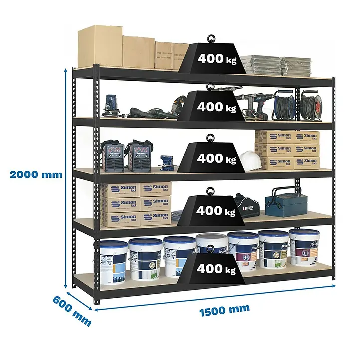 Simonrack Ecoforte Estantería para cargas pesadas Chipboard - Al x An x Pr: 200 x 150 x 60 cm, Capacidad de carga por balda: 400 kg, Número de baldas: 5 ud., Inserción, Antracita/Madera - Estantería metálica negra con 5 baldas de madera, 2000x1500x600mm, capacidad de carga 400kg por balda.