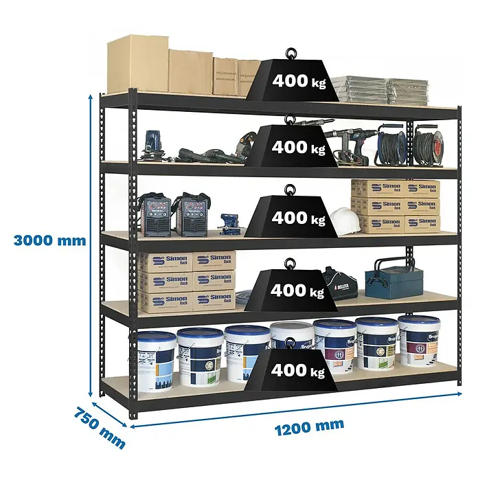 Simonrack Ecoforte Estantería para cargas pesadas Chipboard - Al x An x Pr: 300 x 120 x 75 cm, Capacidad de carga por balda: 400 kg, Número de baldas: 5 ud., Inserción, Antracita/Madera - Estantería metálica negra resistente con 5 estantes, 3000x1200x750 mm, cada estante soporta 400 kg.
