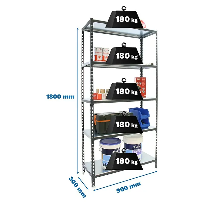 Simonrack Simonclick Metallregal Simonclick Plus - H x B x T: 180 x 90 x 30 cm, Traglast pro Boden: 180 kg, Anzahl Böden: 5 Stk., Stecken, Anthrazitgrau - Metallregal, 1800x900x300mm, mit 5 Böden, je 180 kg Tragkraft.