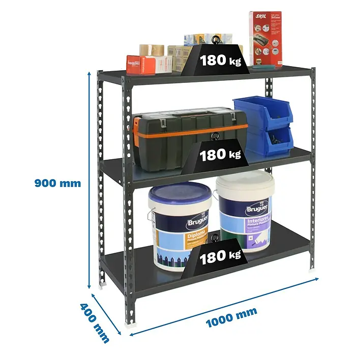 Simonrack Simonclick Metallregal Simonclick Plus - H x B x T: 90 x 100 x 40 cm, Traglast pro Boden: 180 kg, Anzahl Böden: 3 Stk., Stecken, Anthrazit/Anthrazit - Schwarzes Metallregal (900x400x1000 mm) mit 3 Böden, jeder trägt bis zu 180 kg.