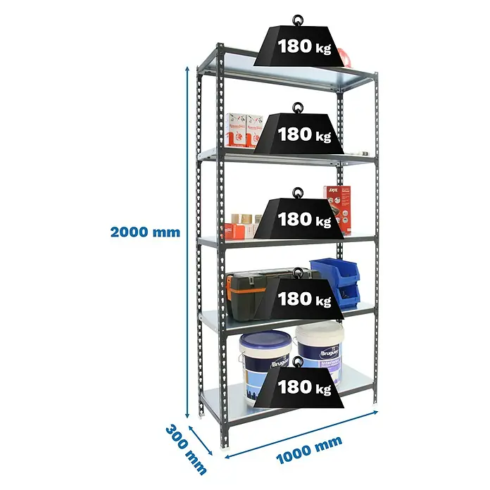 Simonrack Simonclick Metallregal Simonclick Plus - H x B x T: 200 x 100 x 30 cm, Traglast pro Boden: 180 kg, Anzahl Böden: 5 Stk., Stecken, Anthrazitgrau - Dunkelgraues Metallregal mit 5 Ablagen, 2000x1000x300 mm, zeigt 180 kg Traglast pro Boden.