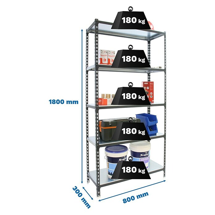 Simonrack Simonclick Estantería metálica Mini (Al x An x Pr: 180 x 80 x 30 cm, Capacidad de carga por balda: 180 kg, Número de baldas: 5 ud., Inserción, Antracita/Galvanizado) | BAUHAUS