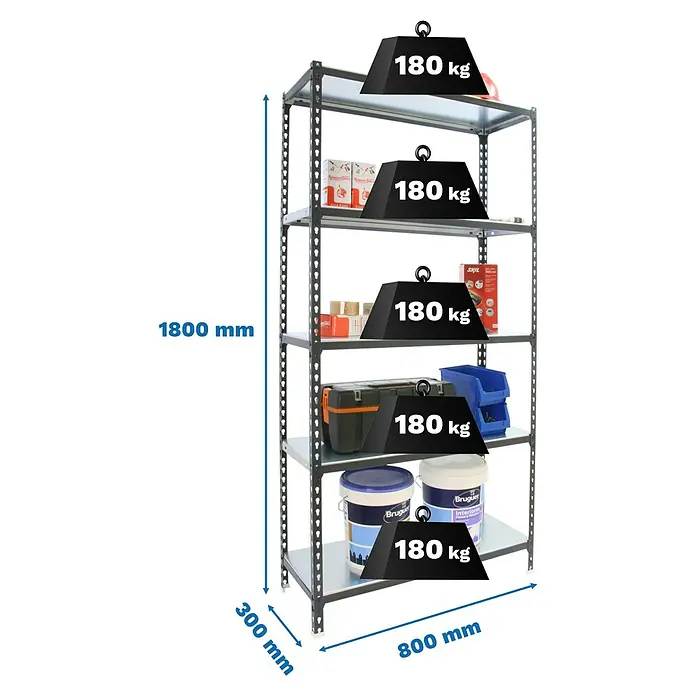 Simonrack Simonclick Metallregal Simonclick Mini - H x B x T: 180 x 80 x 30 cm, Traglast pro Boden: 180 kg, Anzahl Böden: 5 Stk., Stecken, Anthrazit/Weiß - Schwerlast-Metallregal mit 5 Ablagen, 1800x800x300mm, jede Ablage trägt bis zu 180 kg.