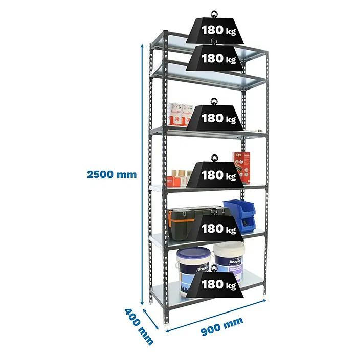 Simonrack Simonclick Metallregal Simonclick Plus - H x B x T: 250 x 90 x 40 cm, Traglast pro Boden: 180 kg, Anzahl Böden: 6 Stk., Stecken, Anthrazit/Weiß - Dunkelgraues Metallregal, 2500x900x400mm, sechs Ablagen, jede 180 kg tragend.