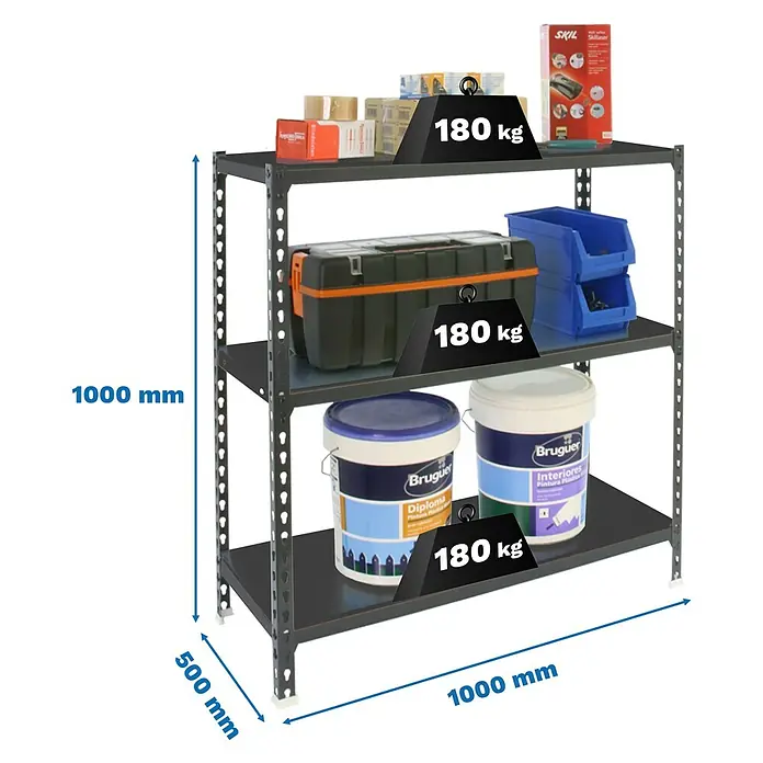 Simonrack Simonclick Metallregal Simonclick Plus - H x B x T: 100 x 100 x 50 cm, Traglast pro Boden: 180 kg, Anzahl Böden: 3 Stk., Stecken, Anthrazit/Anthrazit - Dunkelgraues Metallregal, 1000x1000x500mm, 3 Böden, je 180 kg Tragkraft. Ideal für Schwerlastlagerung.