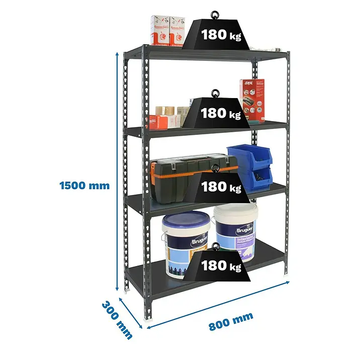 Simonrack Simonclick Metallregal Simonclick Mini - H x B x T: 150 x 80 x 30 cm, Traglast pro Boden: 180 kg, Anzahl Böden: 4 Stk., Stecken, Anthrazit/Anthrazit - Dunkelgraues Metallregal mit 4 Schwerlastböden, 1500x800x300 mm, jeder trägt bis zu 180 kg.