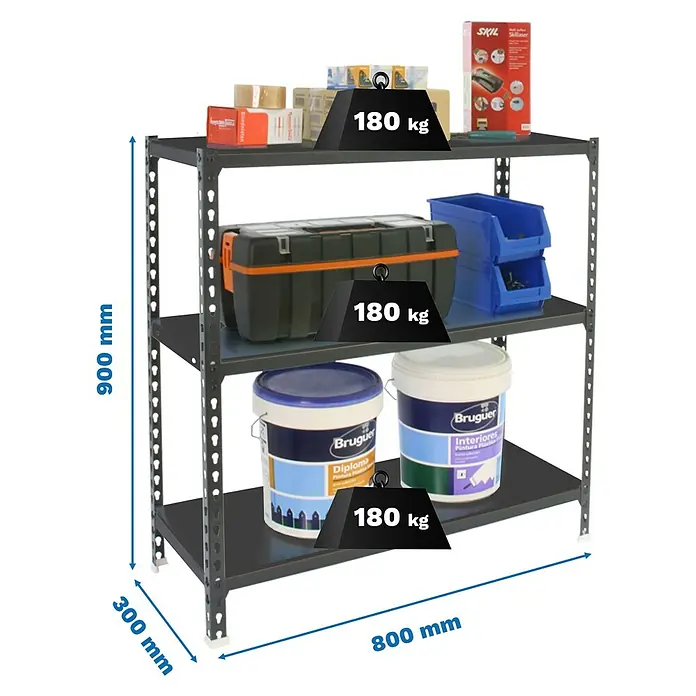 Simonrack Simonclick Metallregal Simonclick Mini - H x B x T: 90 x 80 x 30 cm, Traglast pro Boden: 180 kg, Anzahl Böden: 3 Stk., Stecken, Anthrazit/Anthrazit - Schwarzes Metallregal, 800x300x900mm, 180 kg Traglast pro Boden.