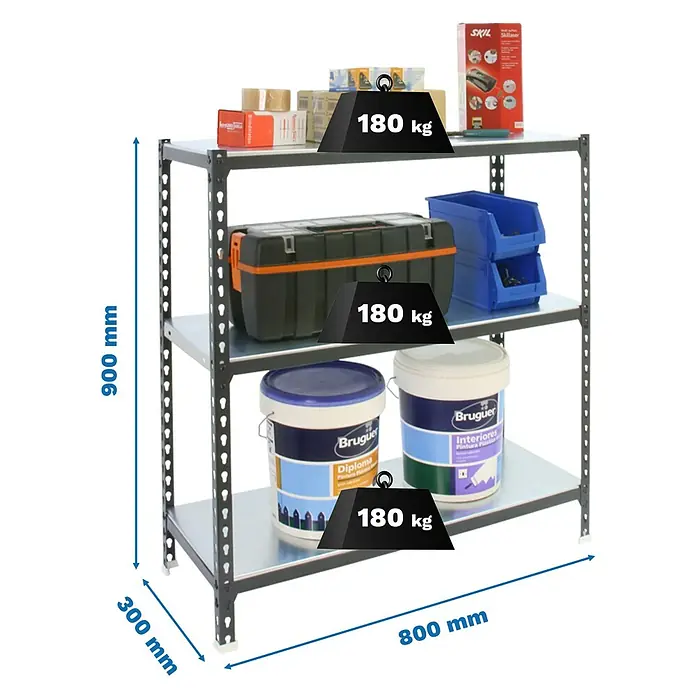 Simonrack Simonclick Metallregal Simonclick Mini - H x B x T: 90 x 80 x 30 cm, Traglast pro Boden: 180 kg, Anzahl Böden: 3 Stk., Stecken, Anthrazitgrau - Graues Metall-Regal mit 3 Böden, 900x800x300 mm, 180 kg Traglast pro Boden.