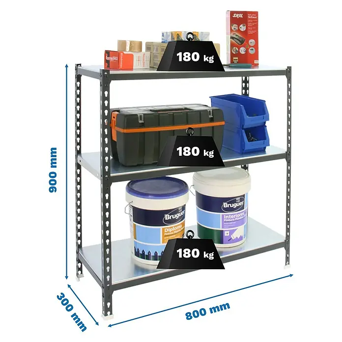 Simonrack Simonclick Metallregal Simonclick Mini - H x B x T: 90 x 80 x 30 cm, Traglast pro Boden: 180 kg, Anzahl Böden: 3 Stk., Stecken, Anthrazit/Weiß - Dunkles Metallregal mit 3 Fachböden (900x800x300mm), jeder trägt 180 kg.
