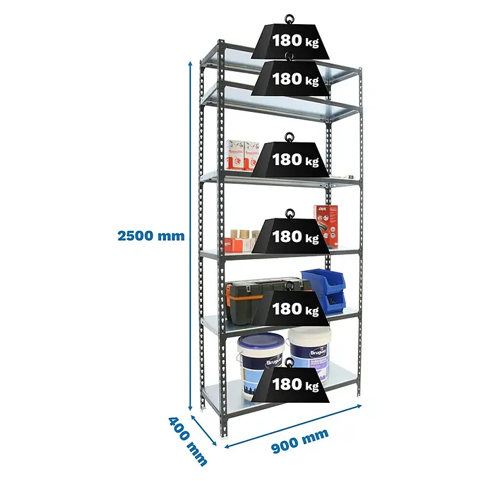 Simonrack Simonclick Metallregal Simonclick Plus - H x B x T: 250 x 90 x 40 cm, Traglast pro Boden: 180 kg, Anzahl Böden: 6 Stk., Stecken, Anthrazitgrau - Graues Metallregal, 2500x900x400mm, mit 6 Böden, jeder tragfähig bis 180kg.