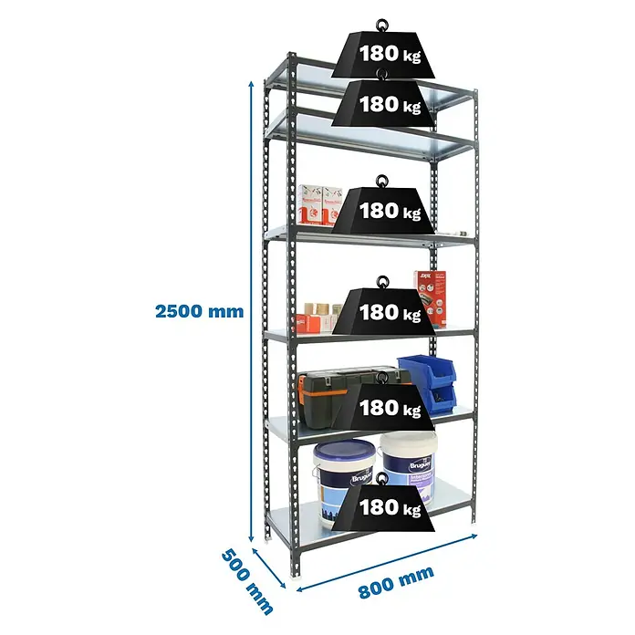 Simonrack Simonclick Metallregal Simonclick Mini - H x B x T: 250 x 80 x 50 cm, Traglast pro Boden: 180 kg, Anzahl Böden: 6 Stk., Stecken, Anthrazitgrau - Graues Metallregal mit 6 Böden, 2500x800x500mm, jeder Boden trägt 180 kg.