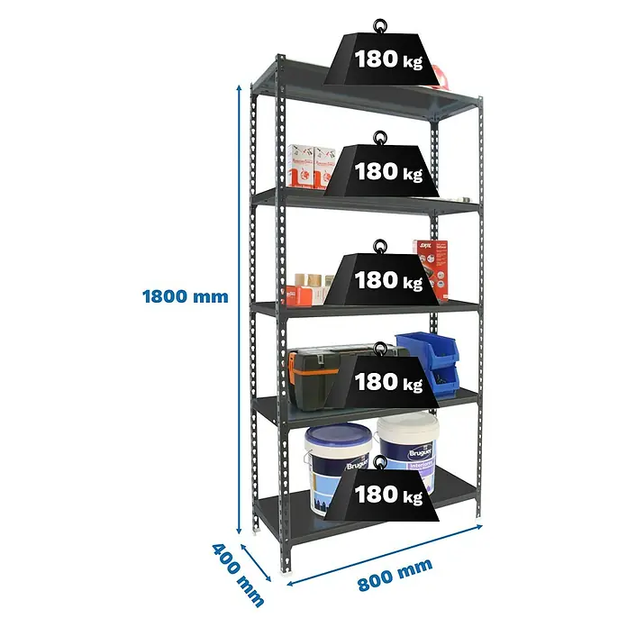 Simonrack Simonclick Metallregal Simonclick Mini - H x B x T: 180 x 80 x 40 cm, Traglast pro Boden: 180 kg, Anzahl Böden: 5 Stk., Stecken, Anthrazit/Anthrazit - Dunkelgraues Metallregal, 1800x800x400mm, mit 5 Böden, jeder trägt 180 kg.
