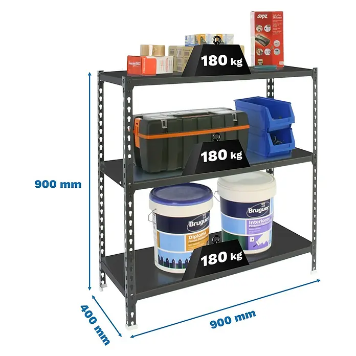 Simonrack Simonclick Metallregal Simonclick Plus - H x B x T: 90 x 90 x 40 cm, Traglast pro Boden: 180 kg, Anzahl Böden: 3 Stk., Stecken, Anthrazit/Anthrazit - Dunkelgraues Metallregal mit 3 Fachböden, 900x900x400 mm. Jeder Boden trägt bis zu 180 kg.