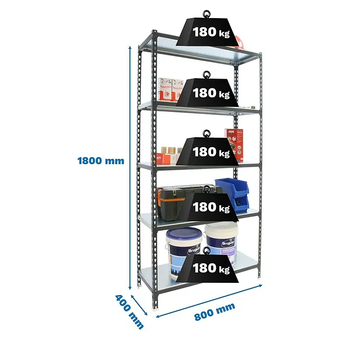 Simonrack Simonclick Metallregal Simonclick Mini - H x B x T: 180 x 80 x 40 cm, Traglast pro Boden: 180 kg, Anzahl Böden: 5 Stk., Stecken, Anthrazit/Weiß - Graues Metallregal mit 5 verstellbaren Ablagen, 1800x800x400mm, mit 180kg Traglast pro Boden.