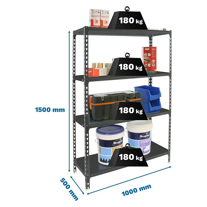 Simonrack Simonclick Metallregal Simonclick Plus - H x B x T: 150 x 100 x 50 cm, Traglast pro Boden: 180 kg, Anzahl Böden: 4 Stk., Stecken, Anthrazit/Anthrazit - Dunkelgraues Metallregal mit 4 Böden, 1500x1000x500 mm, 180 kg Traglast pro Boden, mit verschiedenen Gegenständen beladen.