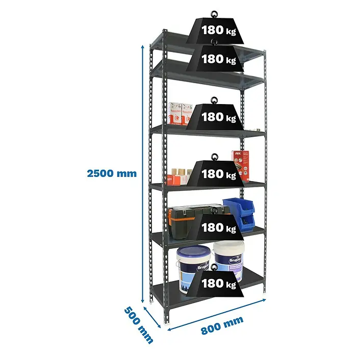 Simonrack Simonclick Metallregal Simonclick Mini - H x B x T: 250 x 80 x 50 cm, Traglast pro Boden: 180 kg, Anzahl Böden: 6 Stk., Stecken, Anthrazit/Anthrazit - Dunkelgraues Metallregal mit 6 verstellbaren Böden, 2500x800x500 mm, 180 kg Tragkraft pro Boden.