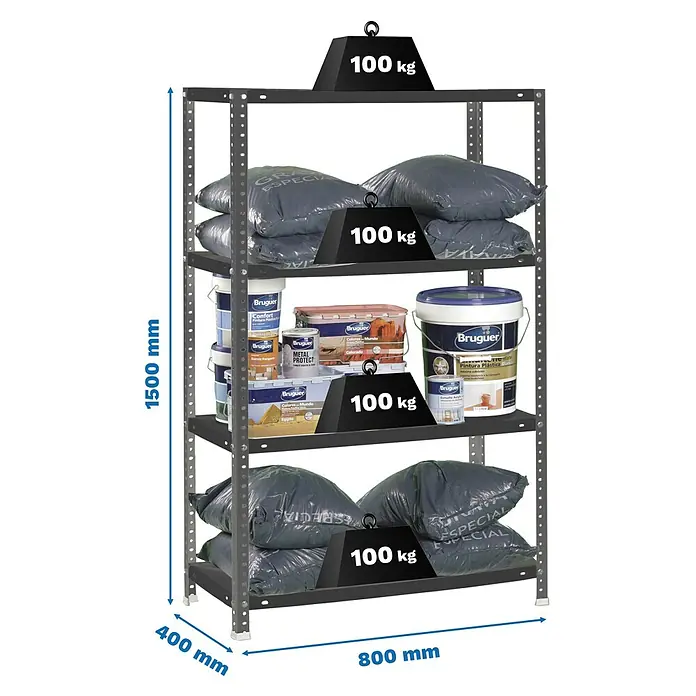 Simonrack Simonclassic Estantería metálica Comfort Mini - Al x An x Pr: 150 x 80 x 40 cm, Capacidad de carga por balda: 100 kg, Número de baldas: 4 ud., Atornillado, Antracita - Estantería metálica gris de 5 baldas, 1500x800x400 mm, capacidad de 100 kg por balda.