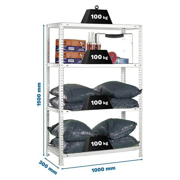 Simonrack Simonclassic Estantería metálica Comfort Plus - Al x An x Pr: 150 x 100 x 30 cm, Capacidad de carga por balda: 100 kg, Número de baldas: 4 ud., Atornillado, Galvanizado - Estantería metálica blanca, 1500x1000x300mm, con 4 baldas de 100kg cada una, cargada.